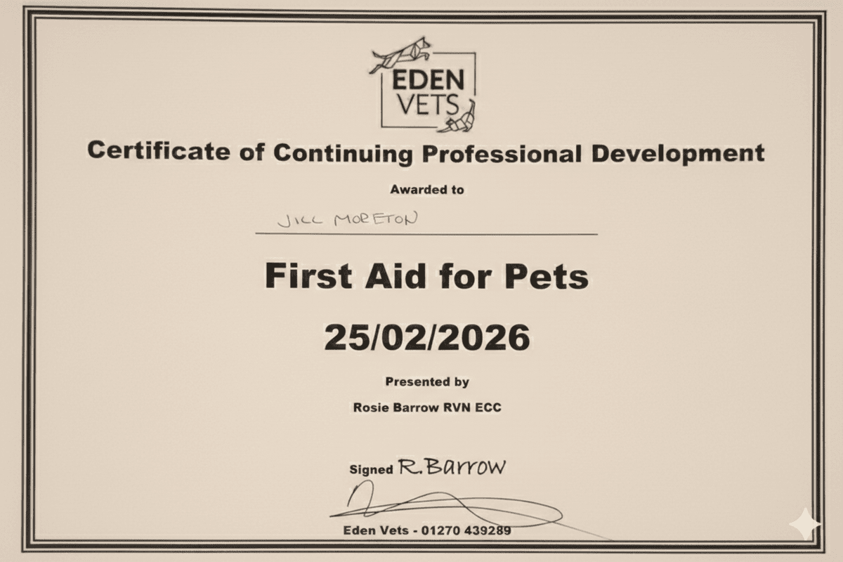 Jill's First Aid for Pets certificate from Eden Vets - Continuing Professional Development